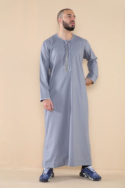Mens Grey Thobe Jubba Saudi Islamic Arab Eid Emirati Kaftan Jubbah Tassel Robe