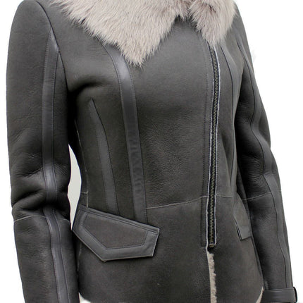 Womens Grey Toscana Shearling Flying Jacket-Teresina