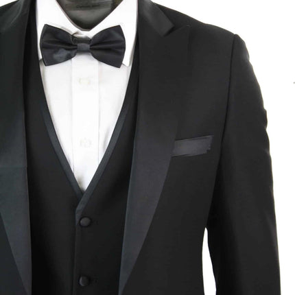 Mens 3 Piece Black Tuxedo Suit Classic Satin Dinner Tailored Fit Wedding Prom