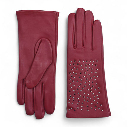 Womens Red Italian Leather Winter Studded Design Soft Wool Lining Gloves - L-GLV-601
