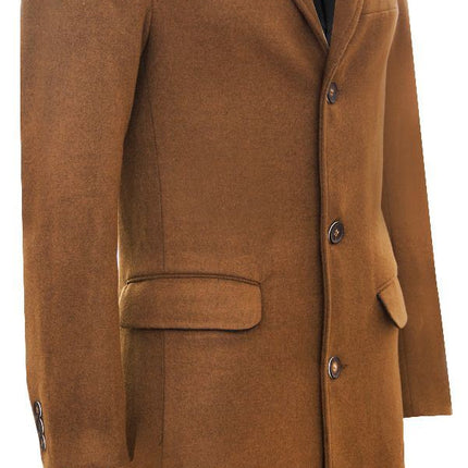 Men's Long Brown Wool Slim Fit Overcoat