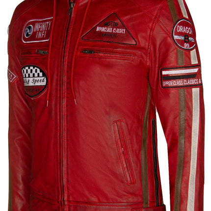 Mens Racing Hooded Leather Biker Jacket-Detroit