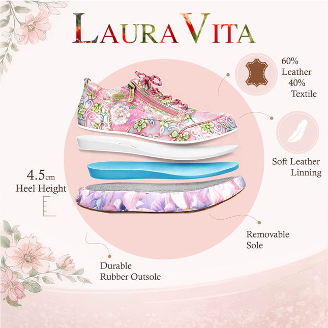 Laura Vita Women's Nikito 62 Rose Pink Floral Leather Trainers Platform Sneaker Shoes