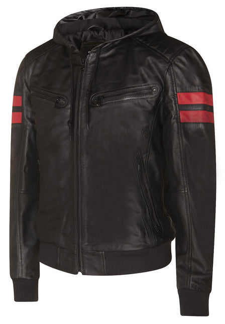 Mens Leather Hooded Retro Bomber Jacket - Skopje