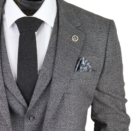 Mens Grey 3 Piece Suit Prince of Wales Check Classic Tailored Fit Wedding Suit