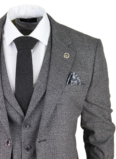 Mens Grey 3 Piece Suit Prince of Wales Check Classic Tailored Fit Wedding Suit