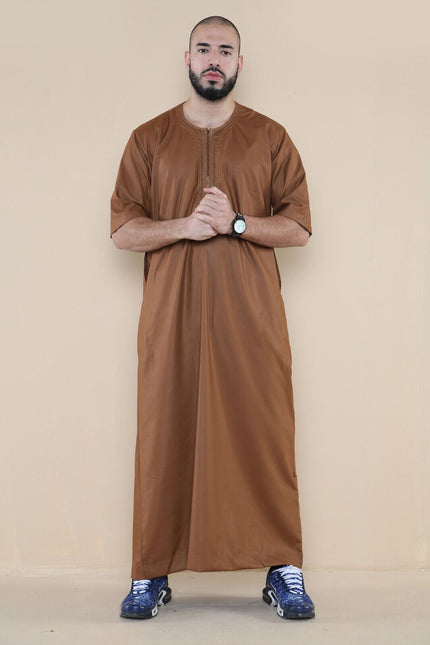 Mens Brown Thobe Jubba Islamic Arab Moroccan Saudi Zipped Kaftan Arab Robe