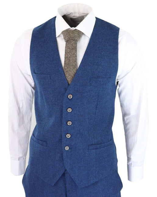 Mens 3 Piece Blue Tweed Wool Twill Vintage Classic Suit