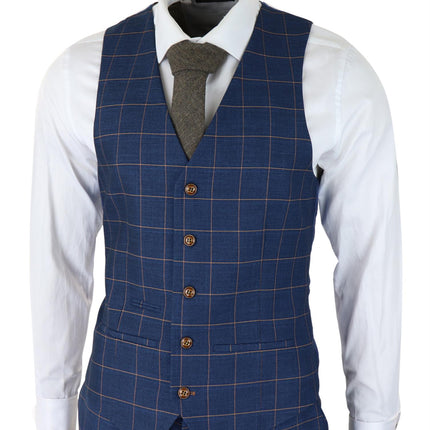 Mens 3 Piece Suit Blue Gold Check Peaky Blinders 1920 Gatsby Smart Vintage Suit