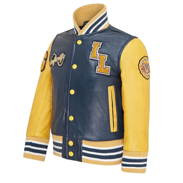 Kids Blue Letterman Leather Varsity College Bomber Jacket