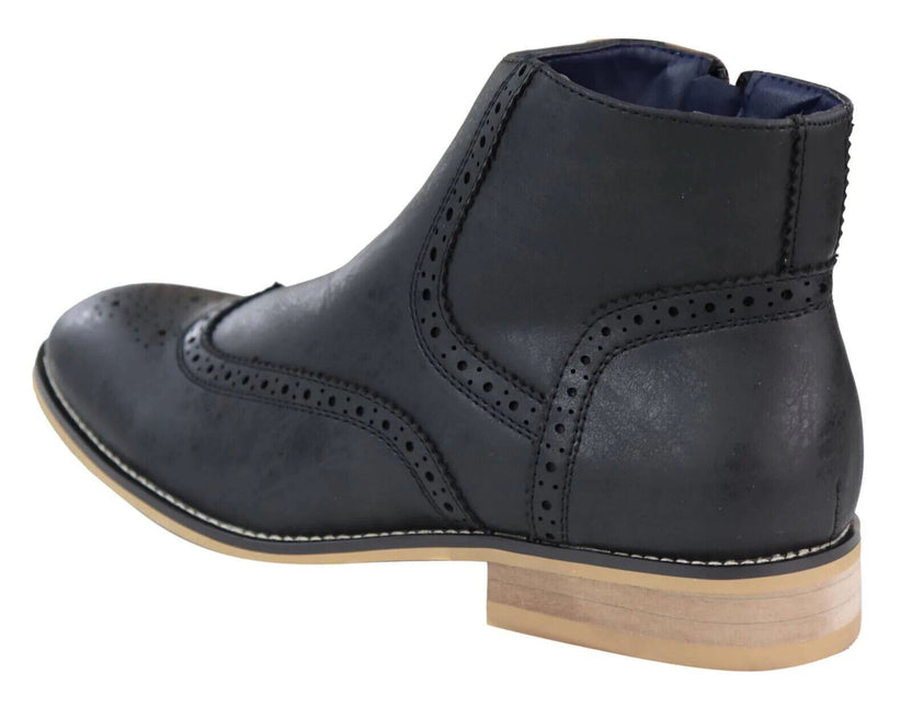 Mens Black Leather Brogue Zip Up Chelsea Boots