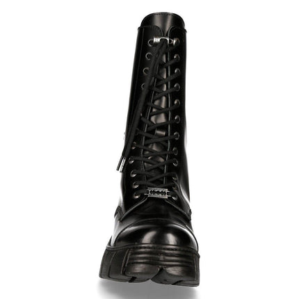 New Rock Black Leather Mid-Calf Tower Biker Boots-M-Wall127N-C1