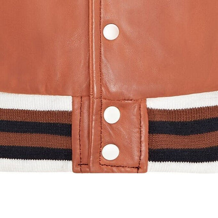 Kids Tan Letterman Leather Varsity College Bomber Jacket