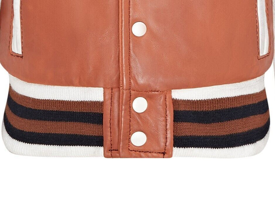 Kids Tan Letterman Leather Varsity College Bomber Jacket