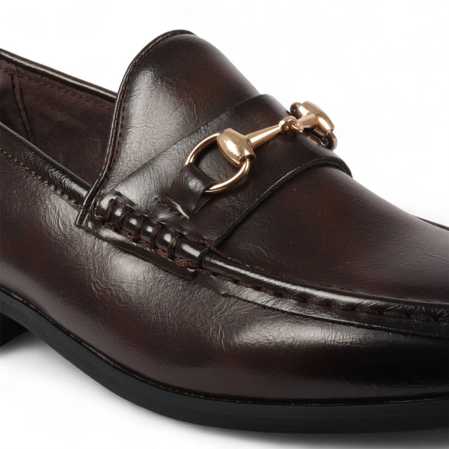 Men's Brown Loafers with Gold Buckle Smart Slip-On Shoes