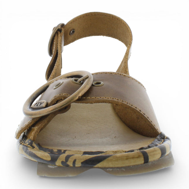 Fly London Women's TRAM723FLY Camel Brown Leather Wedge Sandals