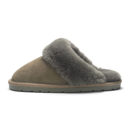 Women's Genuine Sheepskin Olive Green Suede Mule Winter Slippers - Luna