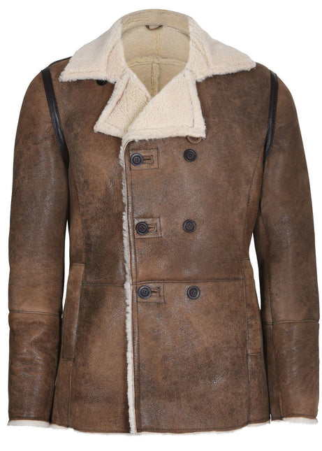 Mens Double Breasted Shearling Sheepskin Pea Coat-Valencia
