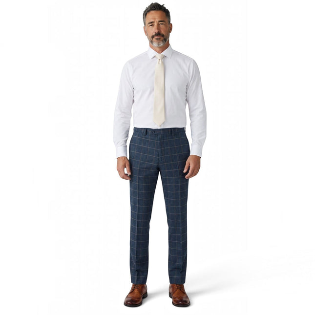 Men's Navy Tweed Herringbone Check Trousers - Harris