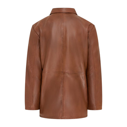 Men's Tan Leather Long Collared Car Coat Jacket - Berry
