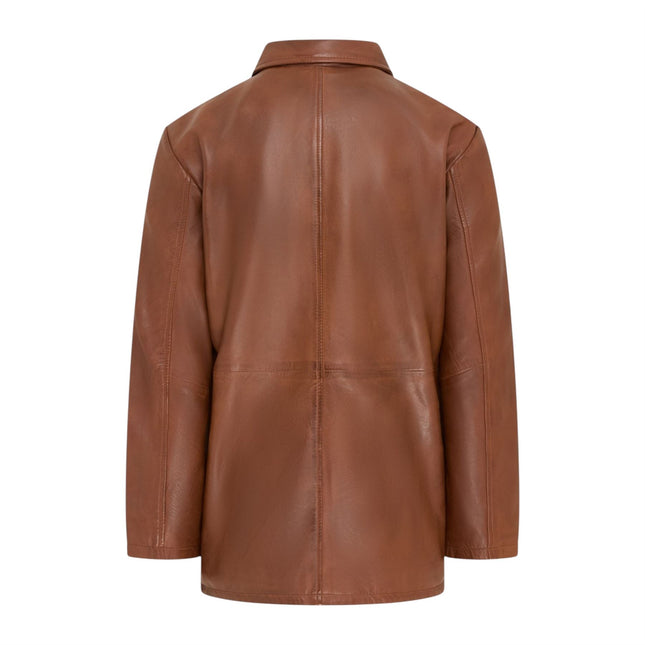Men's Tan Leather Long Collared Car Coat Jacket - Berry
