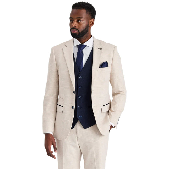 Men's Check Cream Blazer Navy Waistcoat Wedding 3 Piece Suit - Regent
