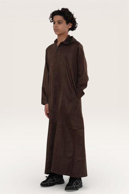Kids Boys Hooded Eid Brown Moroccan Jubba Robe Ramadan Eid Thobe - K-HM12