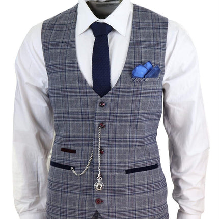 Mens 3 Piece Grey Herringbone Tweed Check Suit
