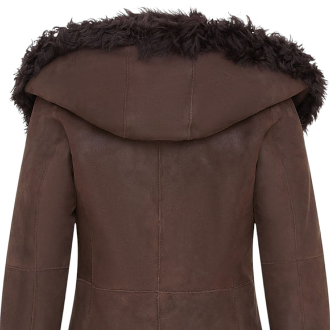 Womens Brown Toscana Sheepskin Leather Hooded Trench Coat - Coast