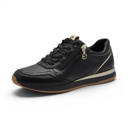 Tamaris Womens Black Faux Leather Fashion Lace Up Sneakers - 23613-46