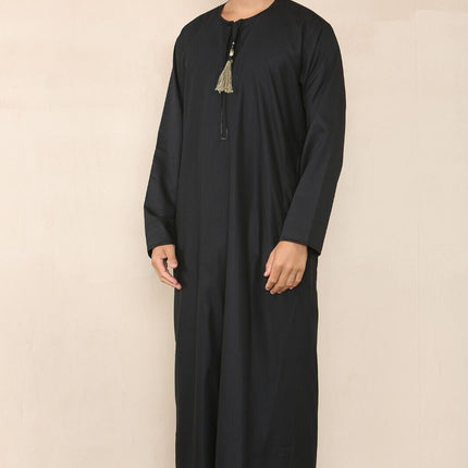Mens Black Thobe Jubba Saudi Islamic Arab Eid Emirati Kaftan Jubbah Tassel Robes