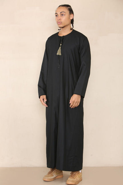Mens Black Thobe Jubba Saudi Islamic Arab Eid Emirati Kaftan Jubbah Tassel Robes