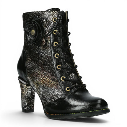 Laura Vita Women’s Black Leather Floral Heeled Lace-Up Boots - Alcbaneo 173