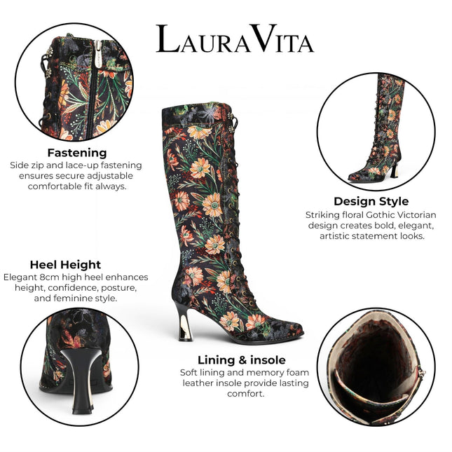 Laura Vita Women's Black Victorian Floral Leather Knee-High Heeled Boots - Oanelo-02