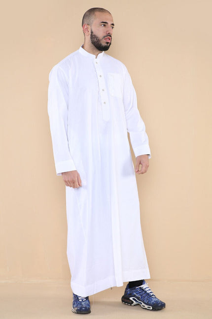Mens White Thobe Jubba Saudi Islamic Arabic Eid Cotton Kaftan Jubbah Umrah Robe