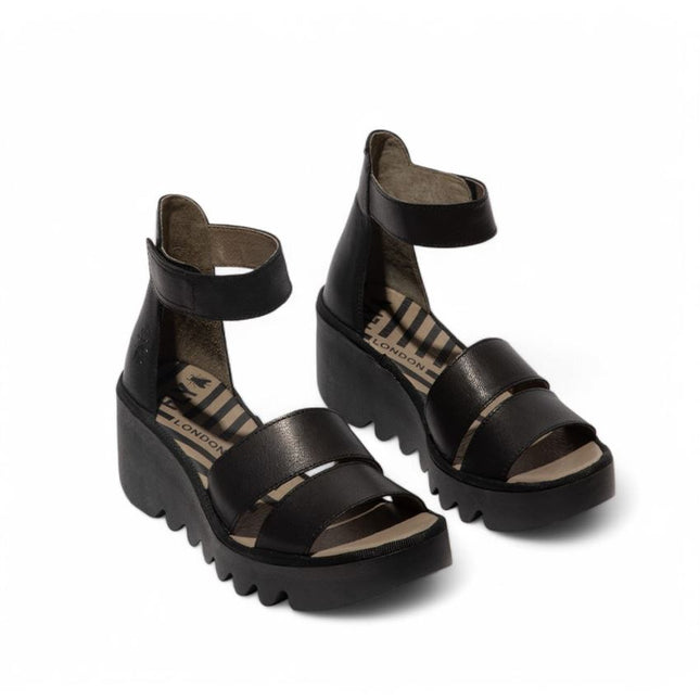 Fly London Women's Bono290Fly Black Mousse Leather Wedge Sandals