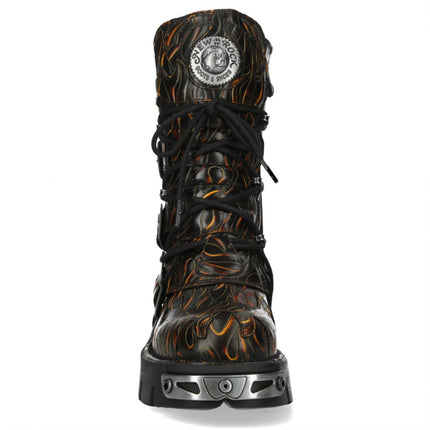New Rock M-591-C62 Mid-Calf High Black Flame Leather Metallic Gothic Boots