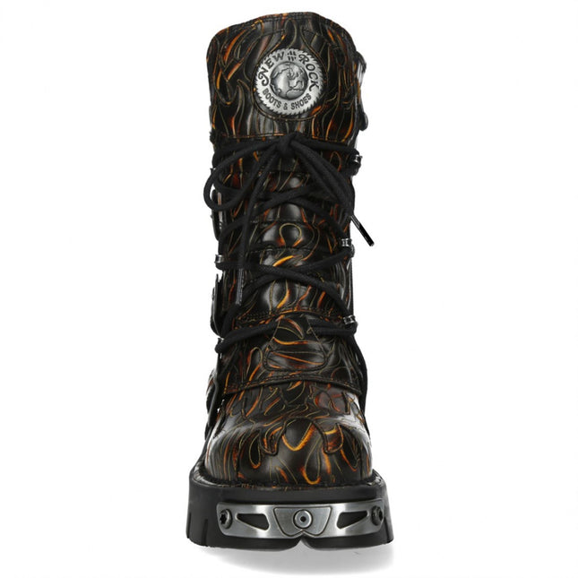 New Rock M-591-C62 Mid-Calf High Black Flame Leather Metallic Gothic Boots