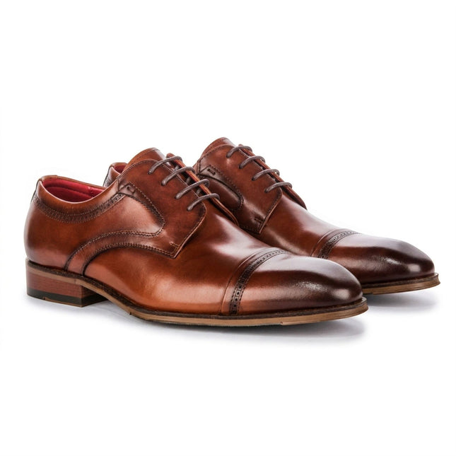Justin Reess Men's Polished Brown Leather Cap Toe Derby Shoes - Everett