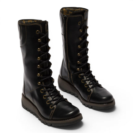 Fly London Women’s Black Leather Lace-Up Combat Ankle Boots- STER768