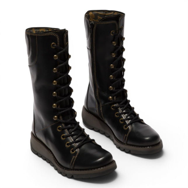 Fly London Women’s Black Leather Lace-Up Combat Ankle Boots- STER768