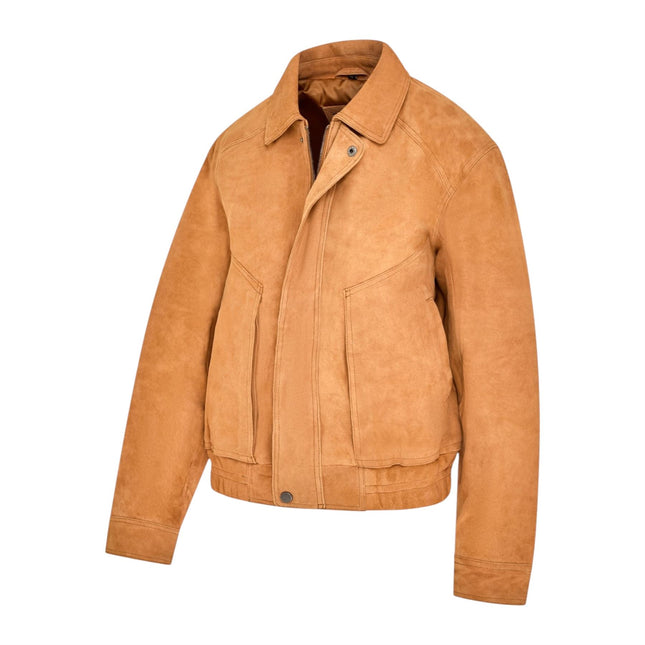Womens Tan Leather Biker Bomber Oversized Jacket - Blouson