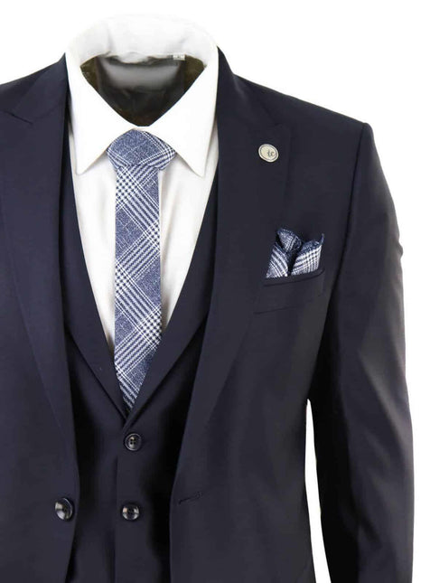 New Mens 3 Piece Suit Plain Navy Classic Tailored Fit Smart Casual 1920s Formal