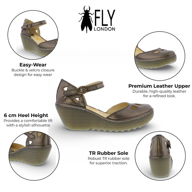 Fly London Women's Yuna Bronze Brown Leather Wedge Sandals