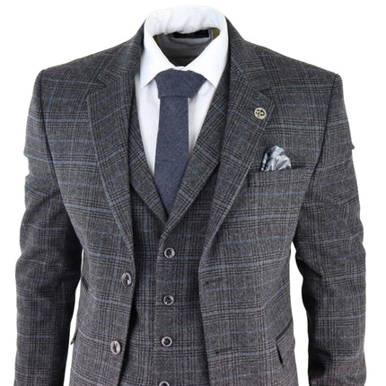 Mens Grey Check 3 Piece Tweed Suit Peaky Blinders 1920s Gatsby Tailored Fit