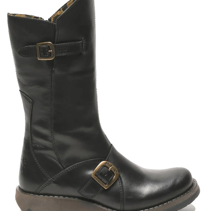 Fly London Womens Black Mes 2 Wedge Heel Buckle Mid-Calf Leather Zip Platform Boots