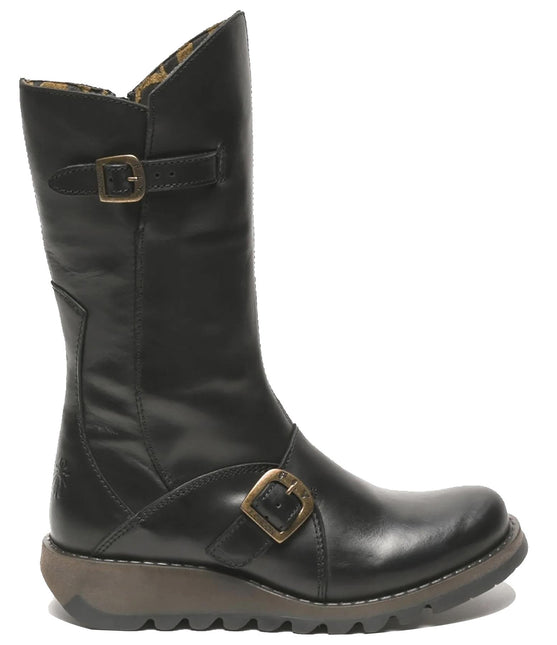 Fly London Womens Black Mes 2 Wedge Heel Buckle Mid-Calf Leather Zip Platform Boots