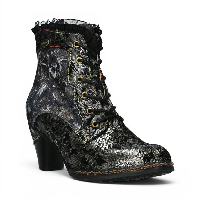 Laura Vita Women's Floral Goth Victorian Black Leather Heeled Ankle Boots - Alcizeeo-190