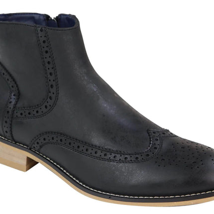 Mens Black Leather Brogue Zip Up Chelsea Boots