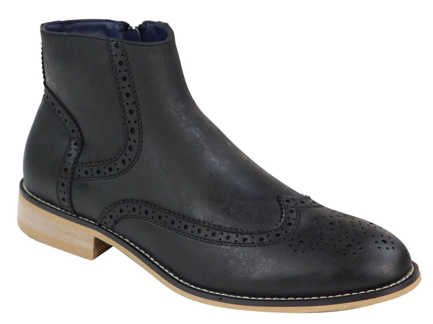 Mens Black Leather Brogue Zip Up Chelsea Boots